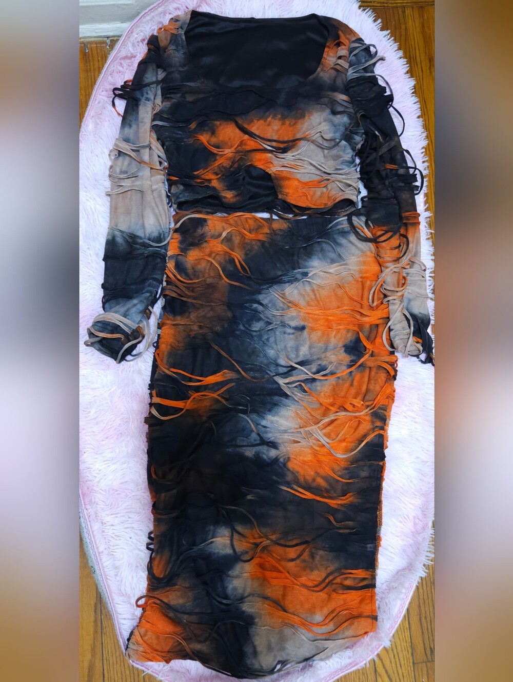 SHEIN Orange Black Tie Dye Distressed Fringe 2 Piece Crop Top Skirt Set